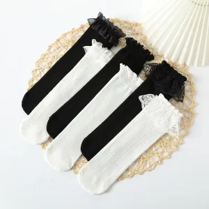 Popular New Kids Socks Breathable Mesh Ruffle Bow Knee High Princess Breathable Girls Women White Long Lace Socks