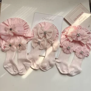 Popular Soft Cotton Pink Floral Newborn Headband and Socks Gift Set for 0 12 Months
