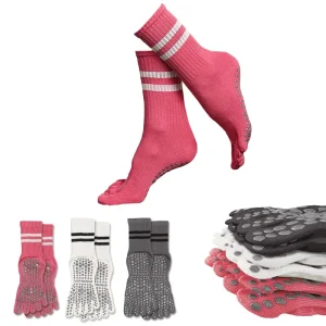 Premium Cotton Pink Grip Double Bar Yoga Socks for Comfortable and Secure Anti-slip 5-toe Twin Bars Pilates Mid Socks