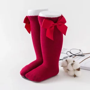 Princess Bow Knee High Dress Socks for Baby Girls Breathable Cotton Christmas Long Socks for Spring