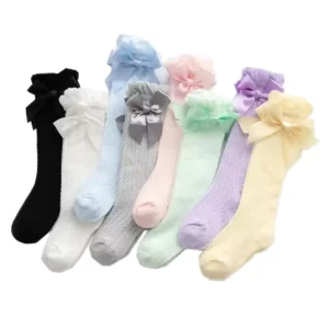 Pure Color Bowknot Hosiery for Little Girl Over Calf Socks Baby Breathable Long Stockings Knee High Summer Mesh Socks 0-3years