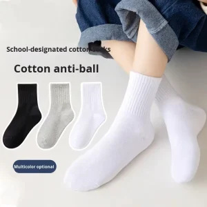 Pure Cotton Mid-Calf Crew Socks for Boys Girls Black White Anti-Pilling Breathable Anti-Slip for Spring Fall for Students