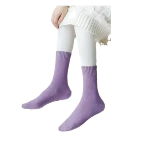 Purple Embroidered Women’s Mid-Tube Socks Cute Cotton Crew Length Hosiery for Autumn Winter Breathable Knitted Daily Use