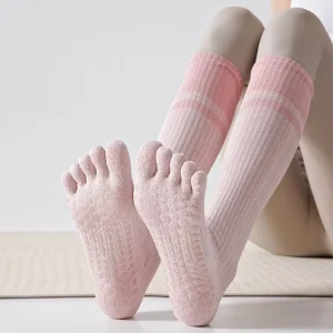Ready Stock Women’s 5 Toe Knitted Cotton Breathable Eco Friendly Non Slip Knee High Pilates Yoga Dance Sports Athletic Socks