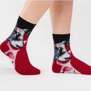 Red Animal Pattern Crew Length Thin Dress Socks Comfortable Daily Use Anti Slip Knitted Socks with Logo Cuff Bottom