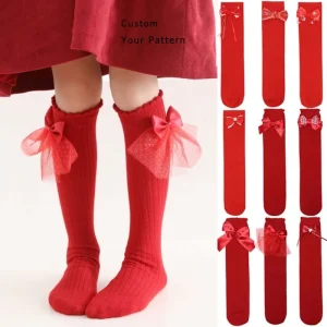 Red Festive New Year Christmas Tie Female Children’s Baby Knee High Pilates Grip Socks With Ribbon Pilates Logo Socks With Bow