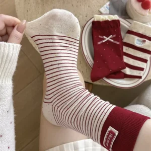 Red Socks Women’s Socks Bow Stripes Mid-calf Cotton Socks Bright Red New Year Christmas Socks