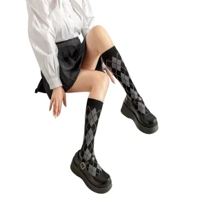 Retro Diamond-Patterned Nylon Breathable Women’s Mid-Calf Socks Spring Summer Autumn