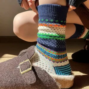 Retro Women’s Socks Mixed-color Striped Ladies National Style Casual Long Socks Warm Fashion Female Thick Socks
