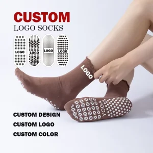 Ruffle Breathable Lace Plain Color Women Grip Socks Customized Embroidered Logo Pilates Yoga Socks 100% Cotton Making Crew Socks