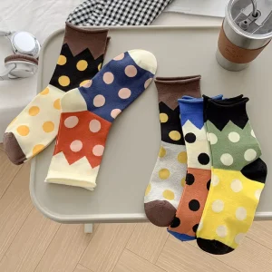 Seamless Women’s Over Knee Pure Cotton Cartoon Polka Dot Trendy Rolled Edge Color Block Pile Double Needle HT11 Socks