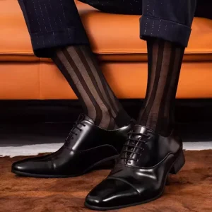 Sexy Men’s Sheer Striped Dress Socks Ultra-thin Transparent Business Formal Socks Breathable Nylon Silk Socks for Men OEM