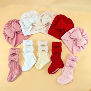 Skin Friendly Newborn Cap Socks Headband Set Baby Beanie With Bow Knitted Headwrap Infant Gift Set for Boy Girl