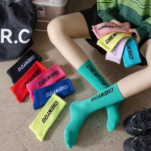 Socks Antibacterial Socks Green Letter printed Ins Trendy Mid calf Versatile College Style Fluorescent Socks