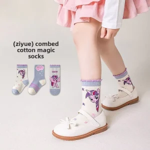 Socks Children’s Breathable Crew Socks Autumn Winter New Style Girls’ Lace Jacquard Princess Student Cartoon Seamless Socks