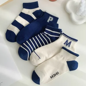 Socks Women Women’s Summer Ankle Socks Thin Blue Striped Cotton Sweat-Absorbent Casual College & Korean Style Low-Cut