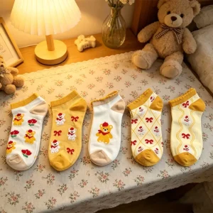 Socks for Women Spring Summer Yellow Series Animal Cute Bear Lace Over Knee Thin Women’s Socks