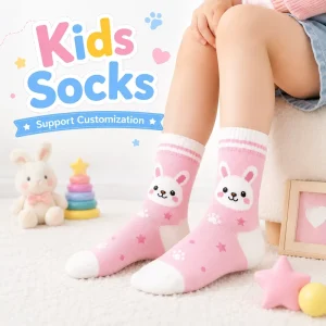 Soft Breathable Knitted Rabbit Bear Dog Pattern Toddler Kids Crew Socks Striped Cuff Eco Friendly Anti Bacterial Quick Dry