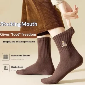 Soft Cute Bear Embroidered Crew Socks Autumn Winter Cartoon Women’s Thickened High Elastic Cotton Sweat Absorbent