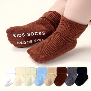 Solid Color Anti Slip Toddler Learning Walking Floor Socks for Infants Breathable Double Needle Knit Kids Socks for Boys Girls