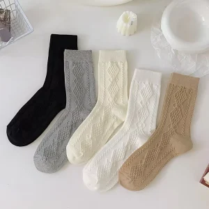 Solid Color Embossed Pattern Mid Tube Socks Winter Wool Crew Socks for Women