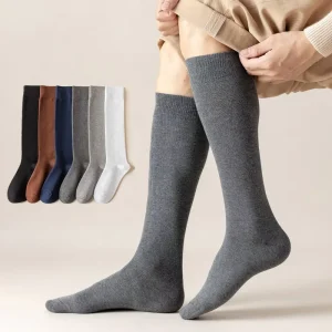 Solid Color Extra Long Business Dress Socks Mens Cotton Knee High Calf Socks