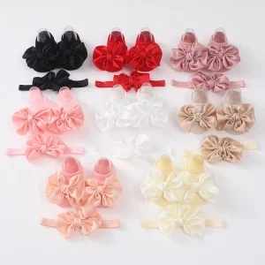 Solid Color Knitted Satin Large Bow Children’s Anti Slip Socks Headband Set Baby Socks