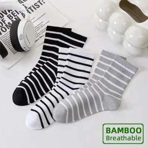 Solid Color Natural Casual Organic Soft Bamboo Fiber Socks Striped Ribbed Breathable Knitted Wicking Bamboo Socks Men