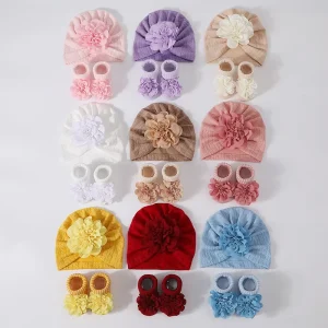 Solid Color Newborn Baby Hat Socks Set 3d Flower Baby Girl Socks High Quality Baby Cotton Socks Set