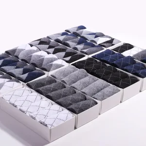 Solid White Black Argyle Men Crew Socks in Box