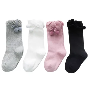 Spanish Thick Fancy Kids Style Solid Bow Combed Cotton Knitted Knee High Kid Stockings Children Socks