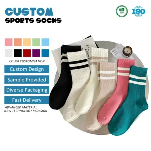 Sporty Absorbent Breathable Color Block Double Stripe Comfortable Combed Cotton Medias Chaussettes Women Mid Calf Crew Socks