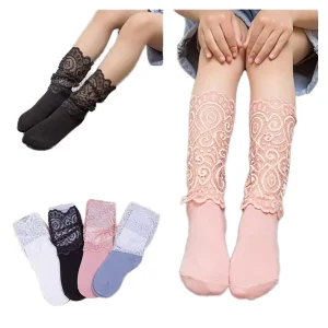 Sporty Style Toddler Spring 100% Cotton Thick Breathable Crew High Knee Socks Lace for Girls’ Dresses and Clothes