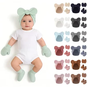Spring 3 Piece Set Baby Hat Socks Mittens Pure Color Soft Cotton Newborn Bow Hat Knitted Gloves Socks for Infant Toddler