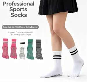 Spring Anti Slip Women’s Five Finger Yoga Sports Cotton Socks Long Tube Pilates Breathable Knitted Crew Length Indoor