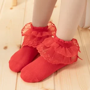 Spring Autumn Children’s Mid-Calf Knitted Solid Color Lace Edging Breathable Odor-Resistant Cotton Spandex Girls’ Tights