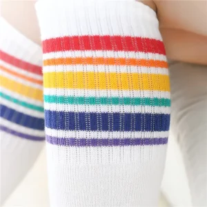 Spring Autumn Children’s School Uniform Socks White Black Rainbow Stripes Fashion Cotton Student Girls Kids Stocking Socks