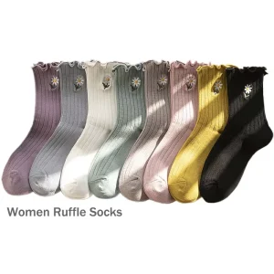 Spring Autumn Embroidered Small Floral Cotton Women’s Socks With Curled Loose College Girls Ruffle Socks