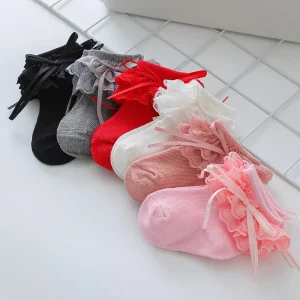 Spring Autumn Newborn Baby Ruffle Socks Lace Bow Children’s Socks Solid Color Girls Cotton Ankle Socks Kids