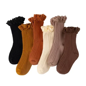 Spring Autumn Trendy Children’s Baby Girl Solid Ribbed Socks Thin Cotton Princess Socks Cute Lace Ruffle Socks