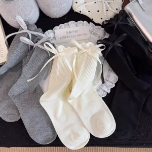 Spring Breathable Mid Calf Seamless Cotton Women’s Socks JK Lolita Style Bubble Cuff Ribbon Bow Daily