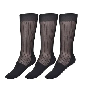 Spring Men’s Mid-Calf Dress Crew Socks Breathable Black Silk Nylon Knitted Customized Striped Pattern Body for Business