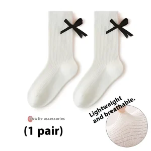 Spring Summer Breathable Knitted Thin Mesh Socks for Girls Crew High Sporty Bow Cotton Children’s Collection