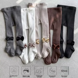 Spring Summer Casual Girls’ Footed Tights Children’s Toddler Bow Knitted Breathable Outdoor Wear