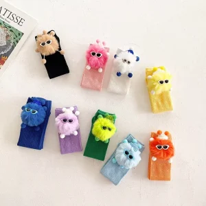 Spring Summer New Baby Socks for Girls Cute Plush Doll Personality Fashion BV Green Slim Straight Stacked Animal Candy Cartoon