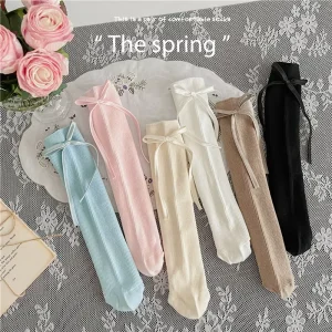 Spring Summer New Solid Color Bow Children’s Mid Tube Girls Breathable Cotton Sock Loose Kids Socks