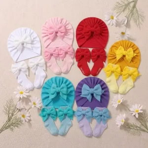 Spring Summer New Thin Solid Color Bow Children’s Hat and Tube Socks Set ODM with Needle Detection