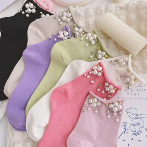 Spring Summer New Women Cute Romance Pearl Beaded Embellished Studded Candy Color Thin Sweet Women Young Ladies Dress Socks
