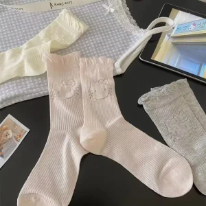 Spring Summer Women’s Lace Student All Match Thin Mesh Breathable Socks Female Students Solid Color Mid-Calf Cartoon Cat Socks