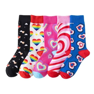 Spring Trendy Women’s Crew Socks Breathable Casual Cuff Colorful Heart Design Daily Use Valentine’s Day Socks